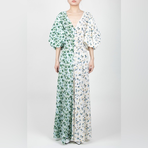 Lee Mathews Eloise Contrast Two-Tone Floral Maxi w/ Puff Sleeves - Picture 8 of 10